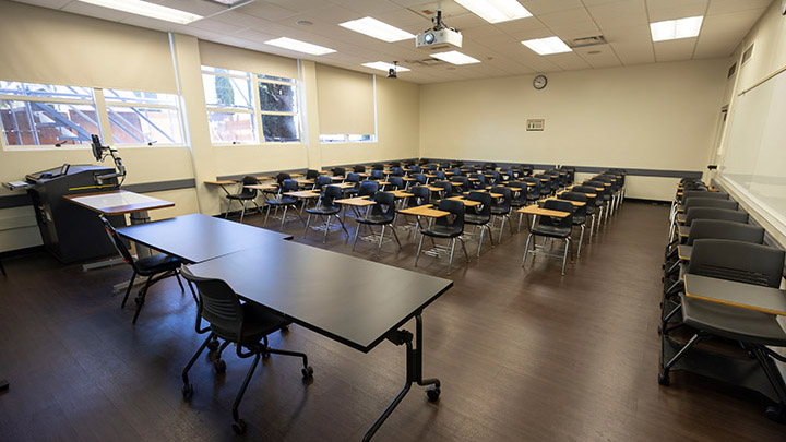 Front of classroom showing the podium and projector