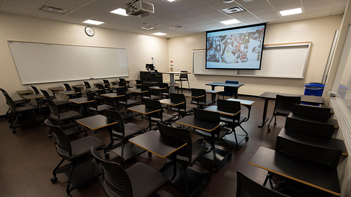 Classroom with podium and projection screen