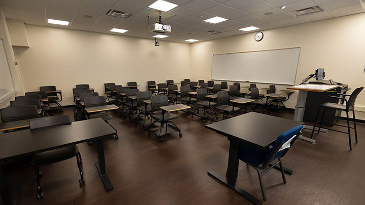 Front of classroom showing the podium and projector