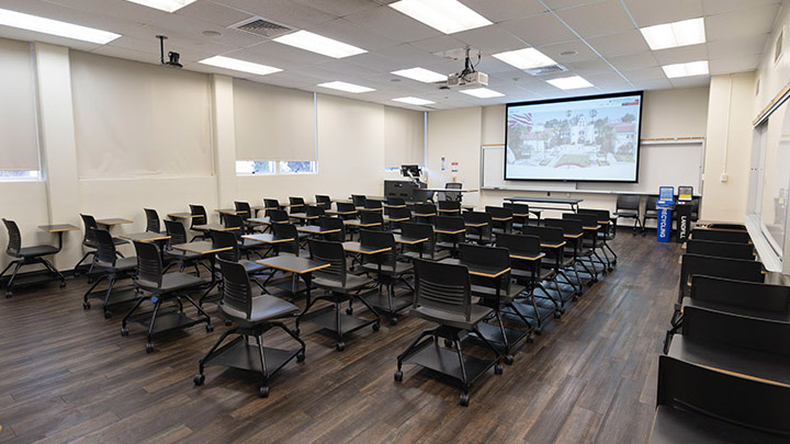 Classroom with podium and projection screen