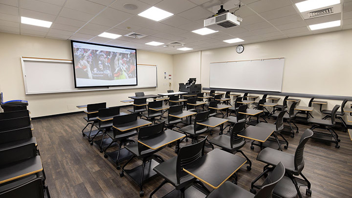 Classroom with podium and projection screen