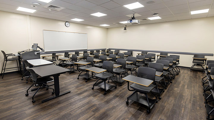 Front of classroom showing the podium and projector