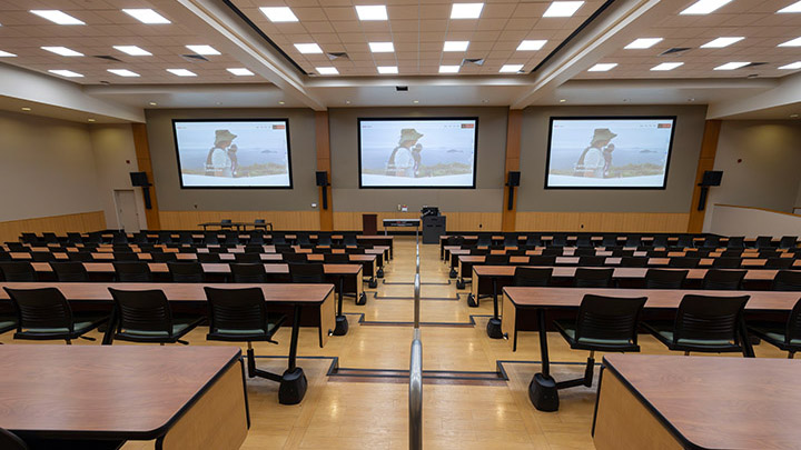 Classroom with podium and projection screen