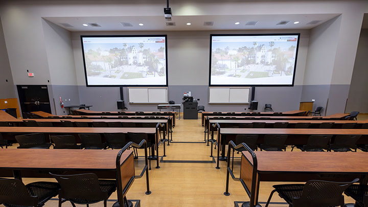 Classroom with podium and projection screen