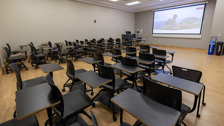 Classroom with podium and projection screen