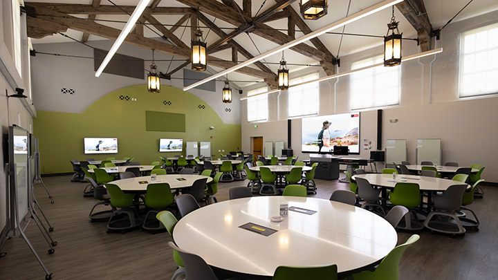 Classroom with podium and projection screen