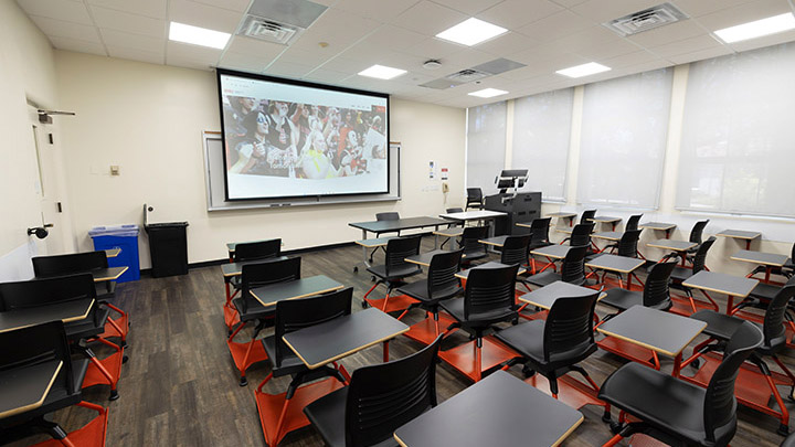 Classroom with podium and projection screen