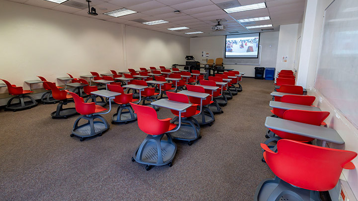 Classroom with podium and projection screen