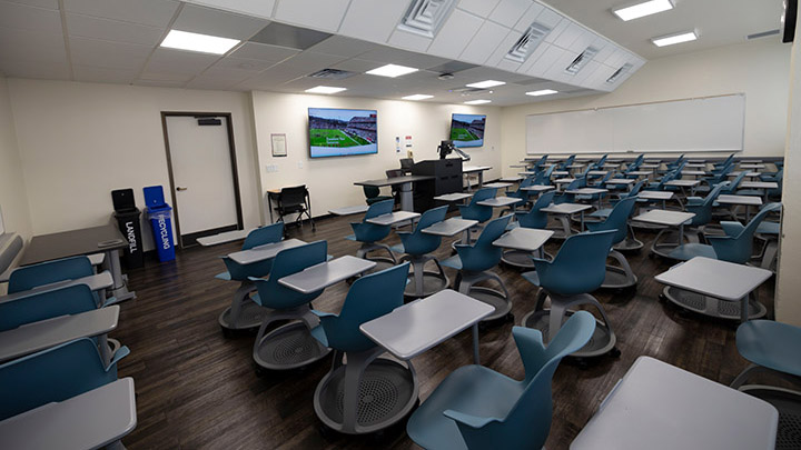 Classroom with podium and projection screen