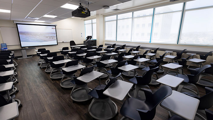 Classroom with podium and projection screen