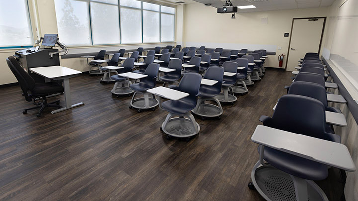 Front of classroom showing the podium and projector