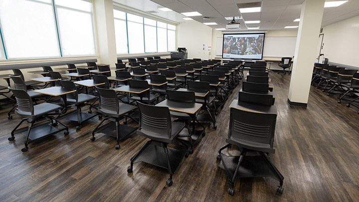 Classroom with podium and projection screen