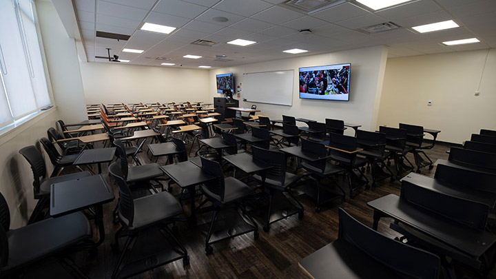 Classroom with podium and projection screen