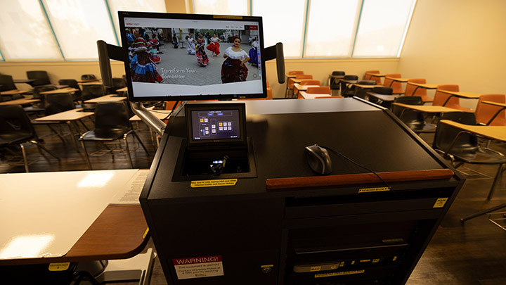 Instructor podium with integrated tech