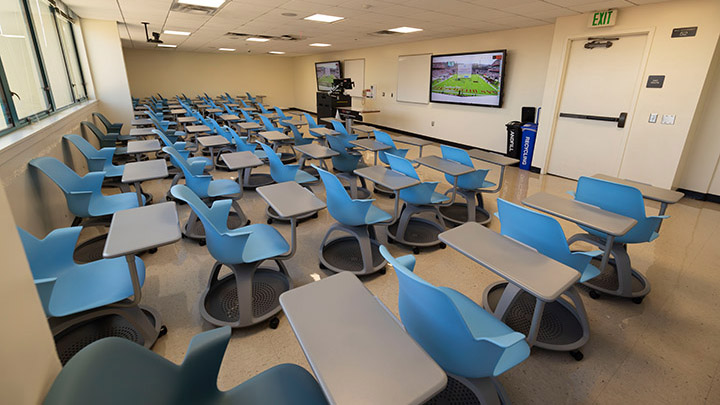 Classroom with podium and projection screen
