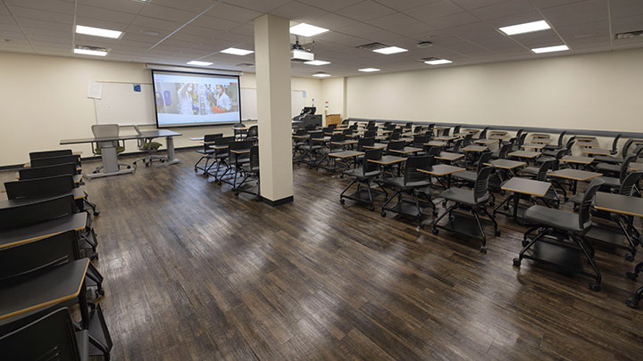 Classroom with podium and projection screen