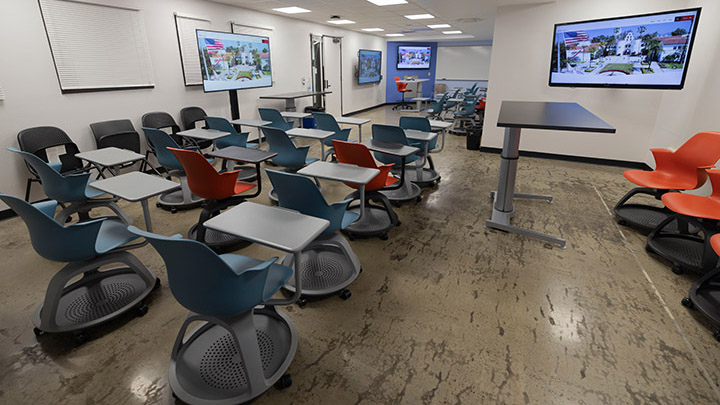 Classroom with podium and projection screen