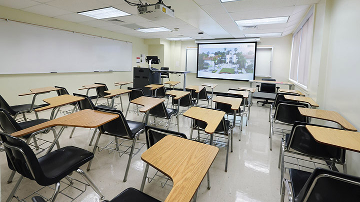 Classroom with podium and projection screen