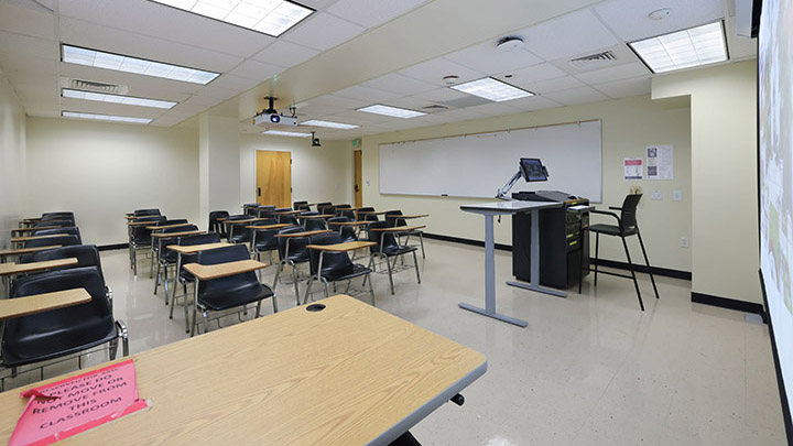 Front of classroom showing the podium and projector