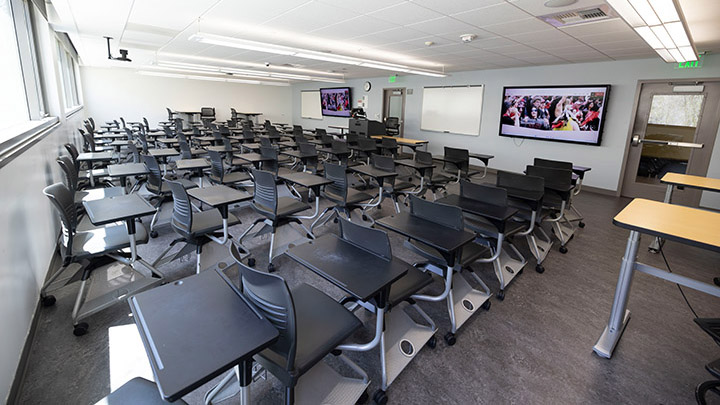 Classroom with podium and projection screen