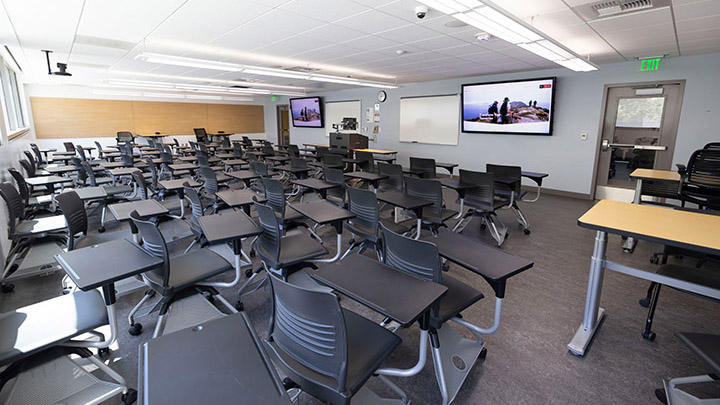 classroom general room layout, movable desks, and podium