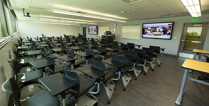 Classroom with podium and screens