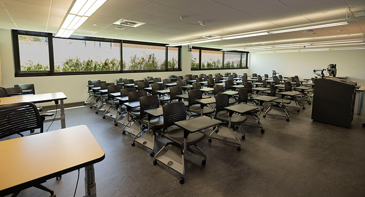 Front of classroom showing the podium and seating