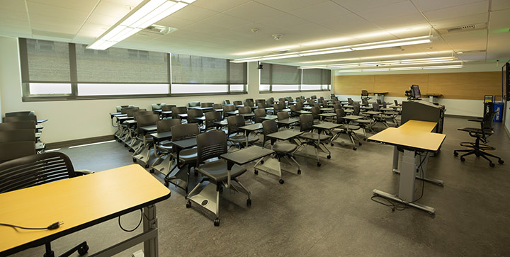 Front of classroom showing the podium and seating