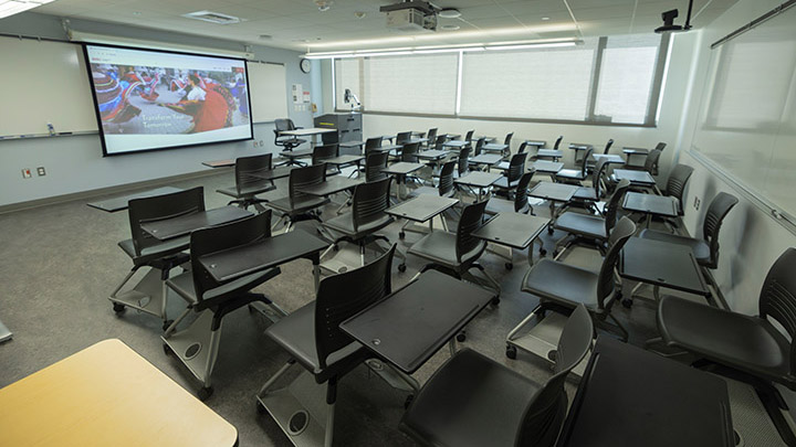 Classroom with podium and projection screen