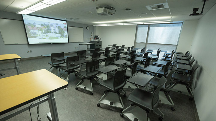 Classroom with podium and projection screen