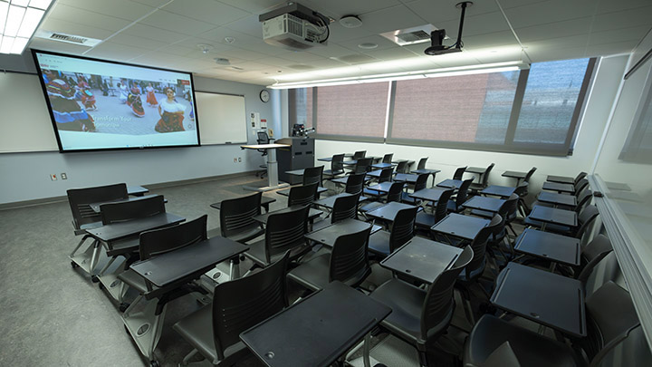 Classroom with podium and projection screen