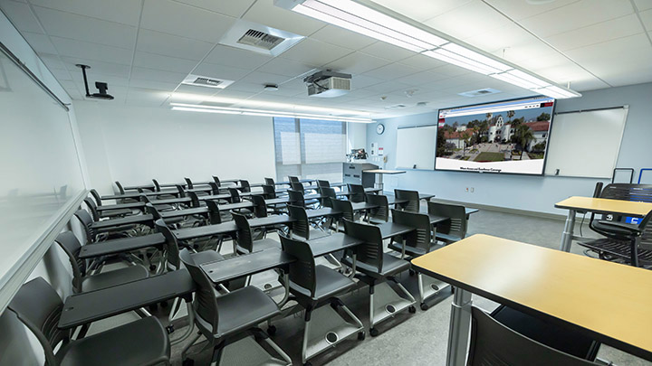 Classroom with podium and projection screen