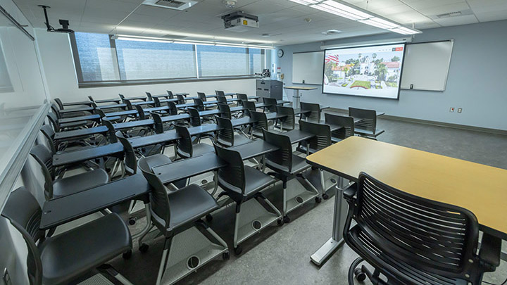 Classroom with podium and projection screen