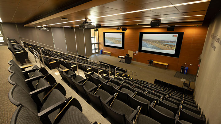 Classroom with podium and projection screen