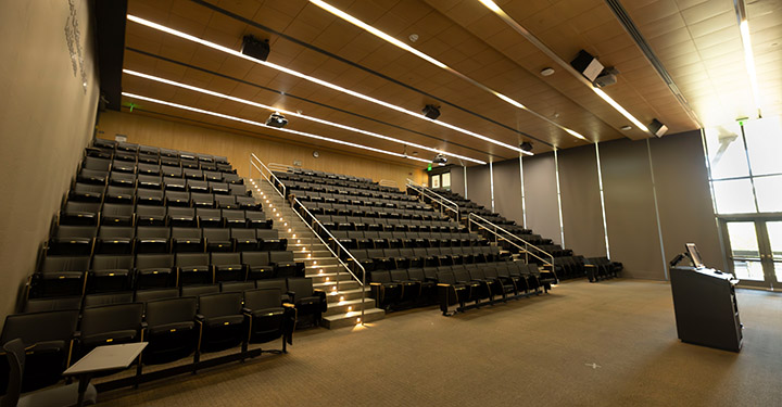 Front of classroom showing the podium and projector