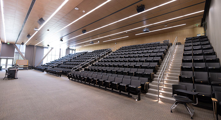 Front of classroom showing the podium and projector