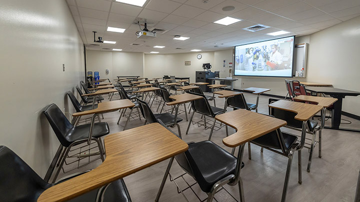 Classroom with podium and projection screen