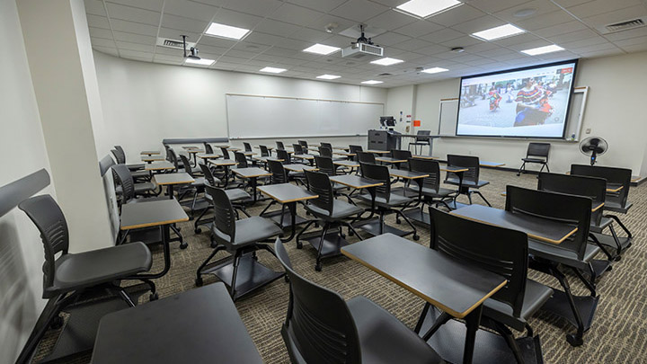 Classroom with podium and projection screen