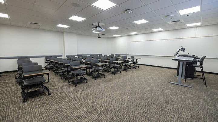 Front of classroom showing the podium and projector