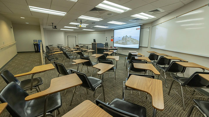 Classroom with podium and projection screen