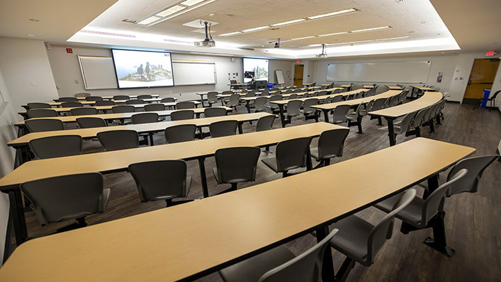 Classroom with podium and projection screen