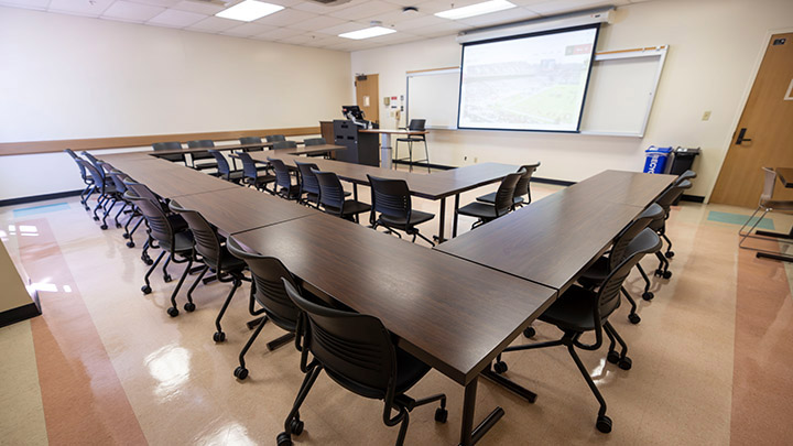 Classroom with podium and projection screen