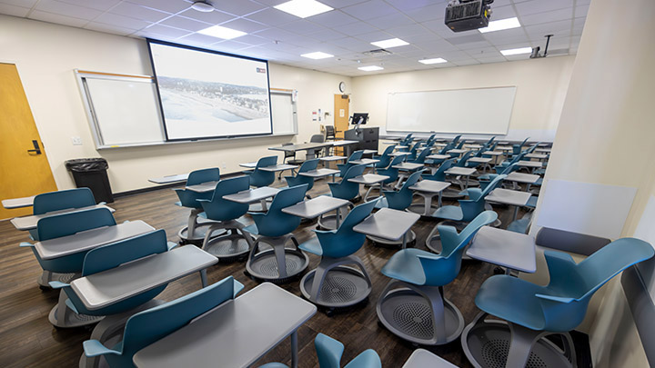 Classroom with podium and projection screen