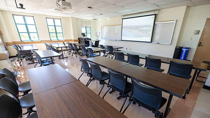 Classroom with podium and projection screen