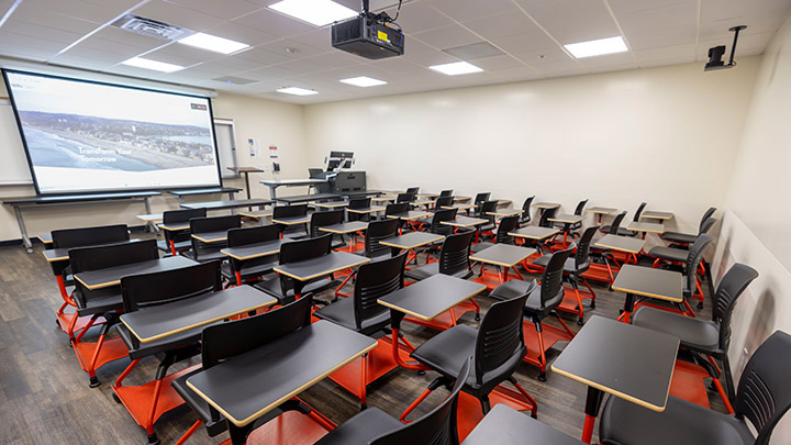 Classroom with podium and projection screen