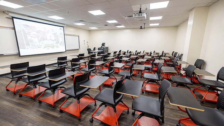 Classroom with podium and projection screen