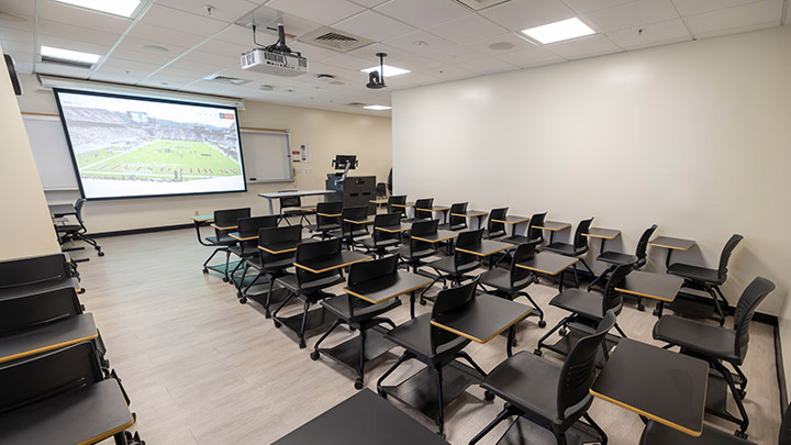 Classroom with podium and projection screen