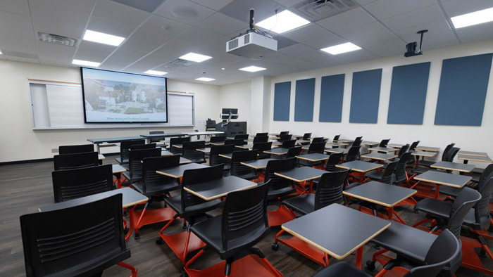 Classroom with podium and projection screen