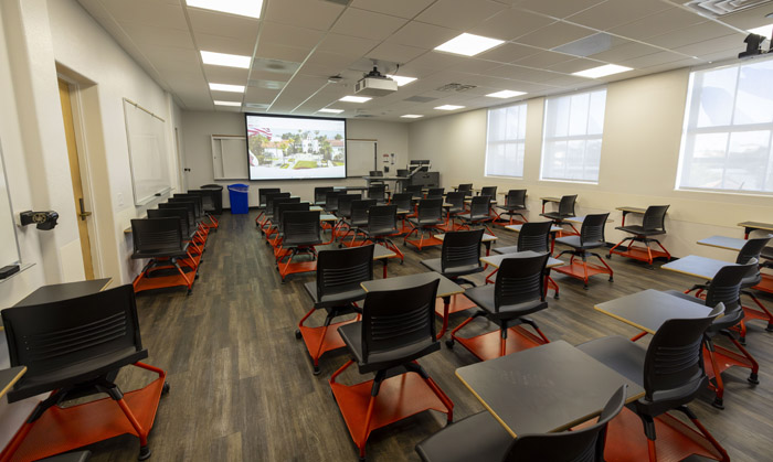 Classroom with podium and projection screen
