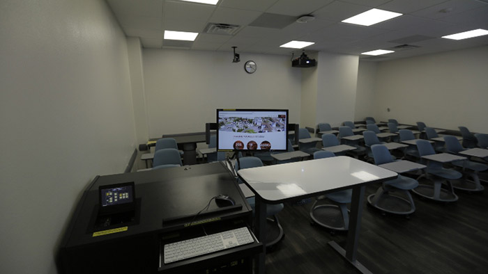 classroom with podium in the foreground